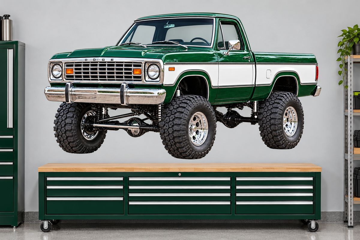 Forest Green & White 1977 Dodge Power Wagon garage wall decal mockup