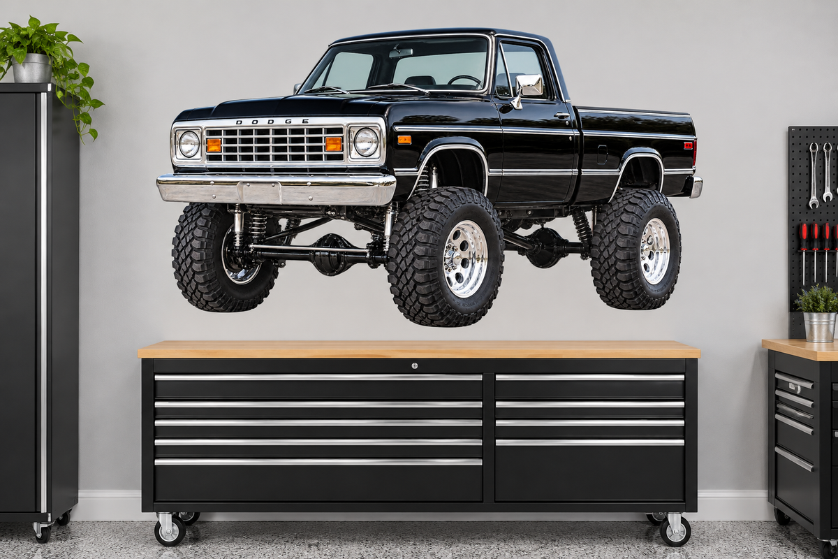 Jet Black 1977 Dodge Power Wagon garage wall decal mockup