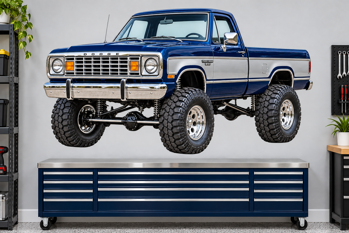 Midnight Blue & Silver 1977 Dodge Power Wagon garage wall decal mockup