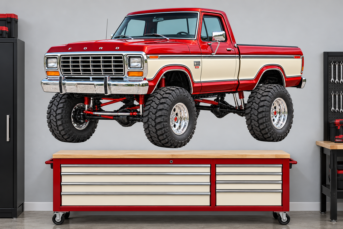 Candy Apple Red & Cream 1979 Ford F-150 Ranger XLT4x4 garage wall decal preview