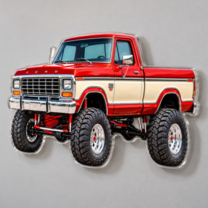 Angled close view of 1979 Ford F-150 red and cream acrylic wall sign showing clear contour edge and floating wall shadow