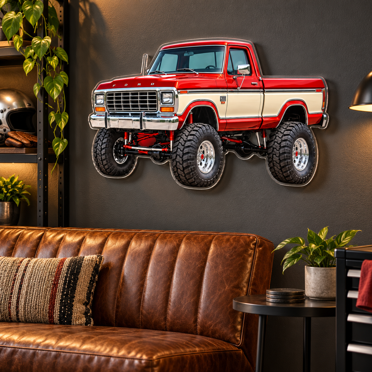 1979 Ford F-150 red and cream acrylic sign mounted above leather seating