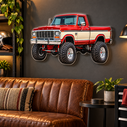 1979 Ford F-150 red and cream acrylic sign mounted above leather seating