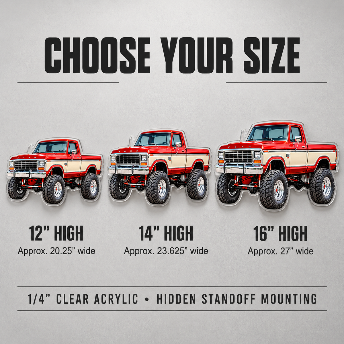 Three sizes for 1979 Ford acrylic wall sign: 12, 14 and 16 inches high