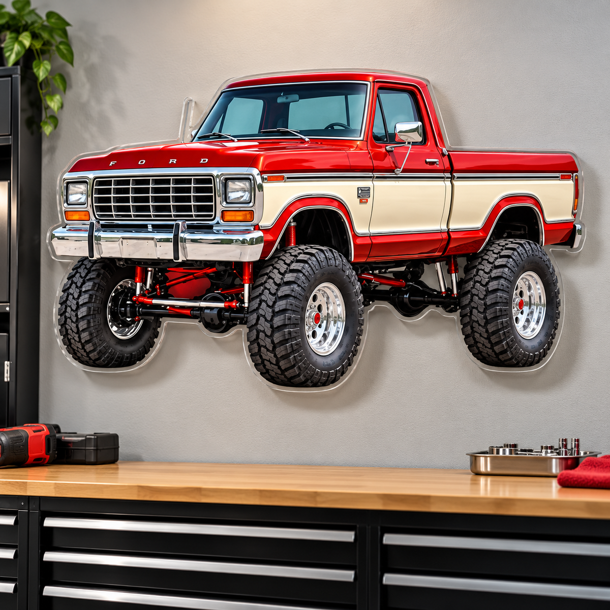 1979 Ford F-150 red and cream contour-cut acrylic wall sign floating above garage workbench