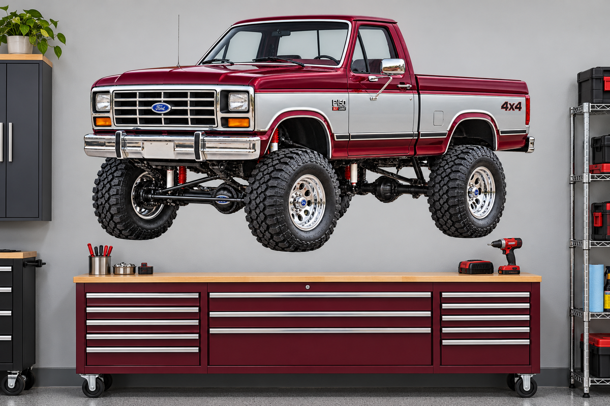 Burgundy & Silver 1985 Ford F150 bullnose4x4 garage wall decal preview