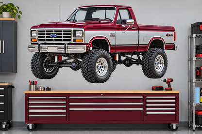 Burgundy & Silver 1985 Ford F150 bullnose4x4 garage wall decal preview