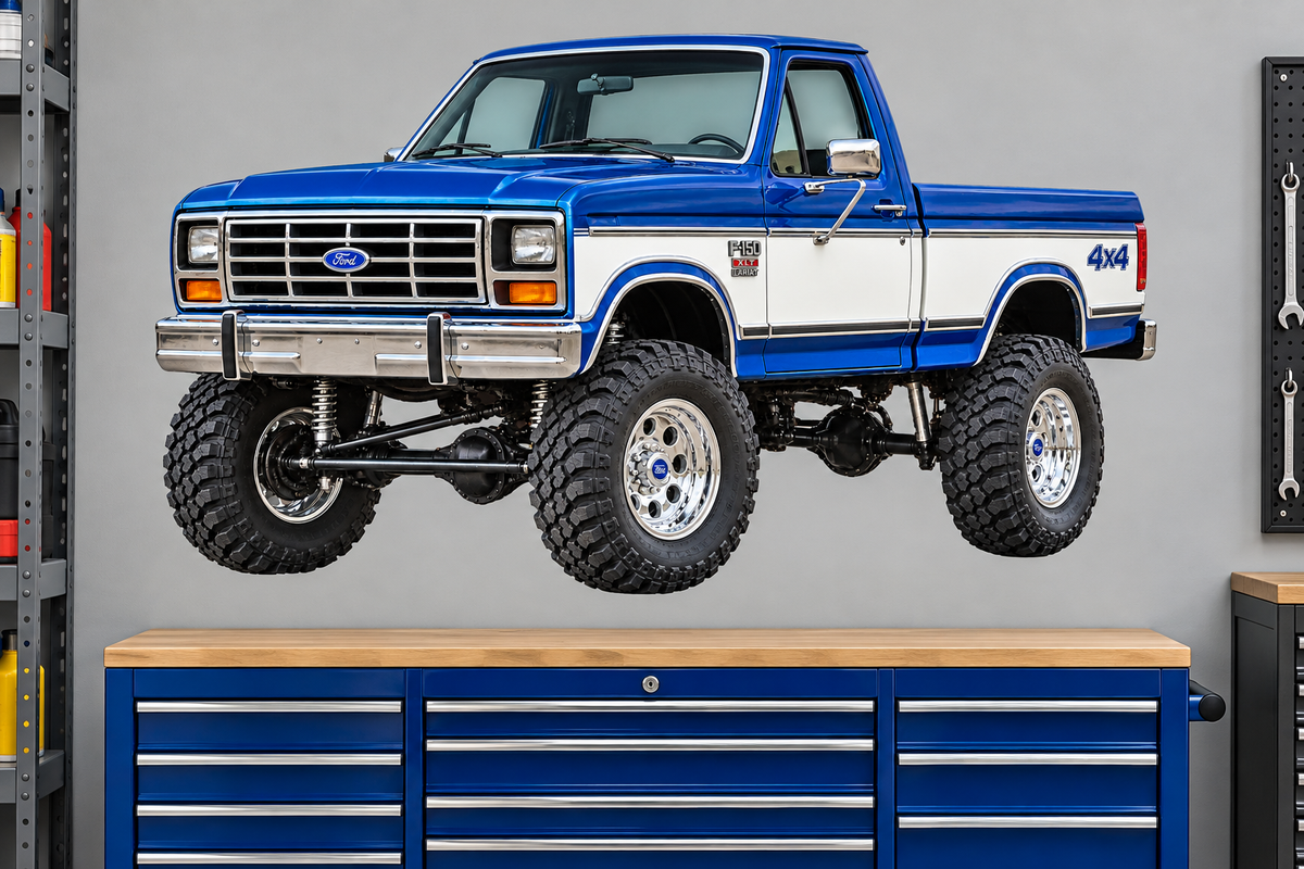 Cobalt Blue & White 1985 Ford F150 bullnose4x4 garage wall decal preview