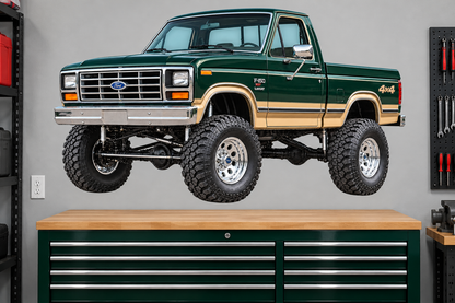 Forest Green & Tan 1985 Ford F150 bullnose4x4 garage wall decal preview