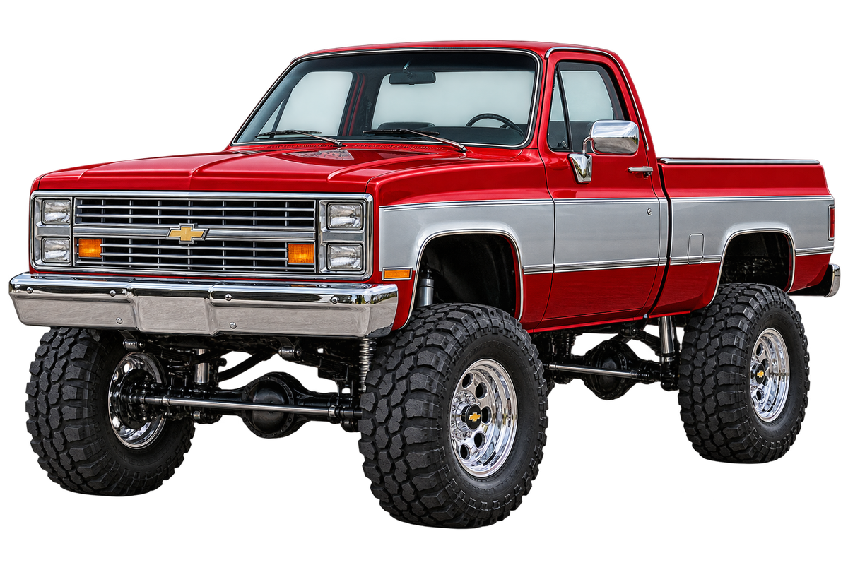 Candy Red & Silver 1987 Chevy Silverado squarebody 4x4 transparent decal artwork