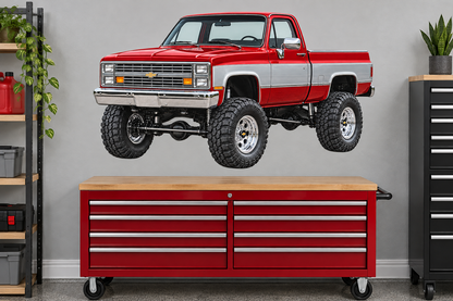Candy Red & Silver 1987 Chevy Silverado 4x4 garage wall decal preview