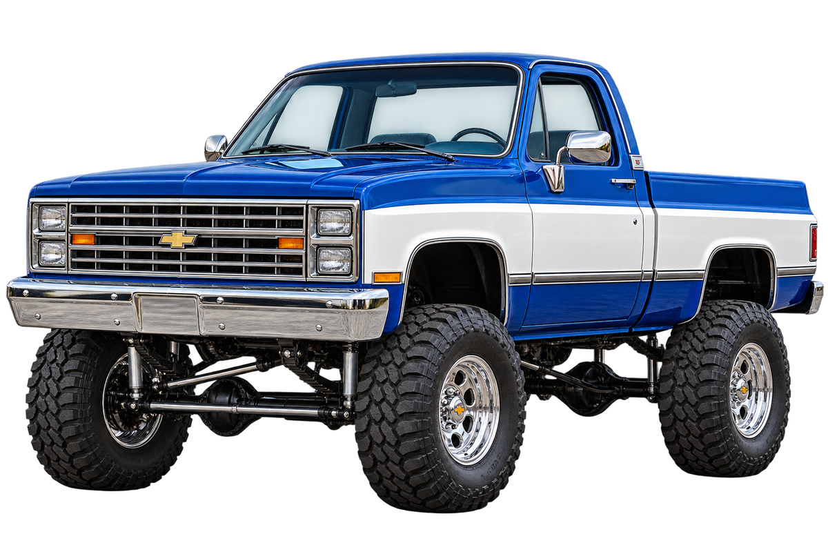 Cobalt Blue & White 1987 Chevy Silverado squarebody 4x4 transparent decal artwork