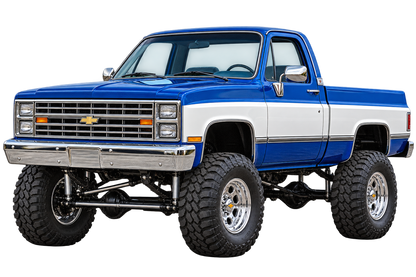 Cobalt Blue & White 1987 Chevy Silverado squarebody 4x4 transparent decal artwork