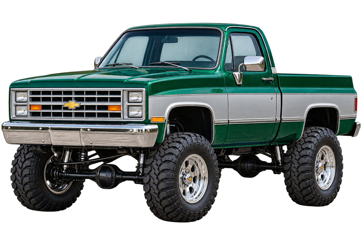 Emerald Green & Silver 1987 Chevy Silverado squarebody 4x4 transparent decal artwork
