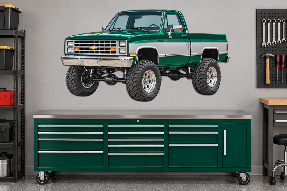 Emerald Green & Silver 1987 Chevy Silverado 4x4 garage wall decal preview