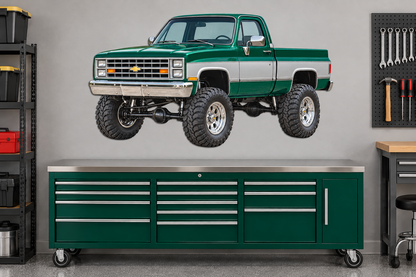 Emerald Green & Silver 1987 Chevy Silverado 4x4 garage wall decal preview