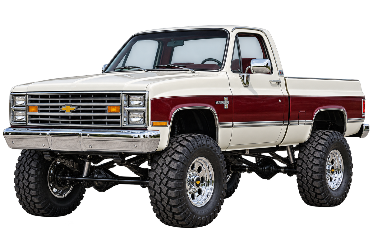 Pearl White & Burgundy 1987 Chevy Silverado squarebody 4x4 transparent decal artwork