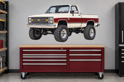 Pearl White & Burgundy 1987 Chevy Silverado 4x4 garage wall decal preview