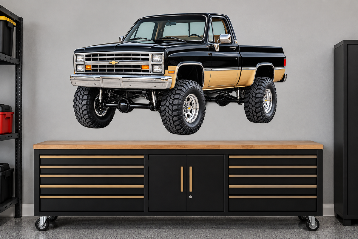 Jet Black & Gold 1987 Chevy Silverado 4x4 garage wall decal preview