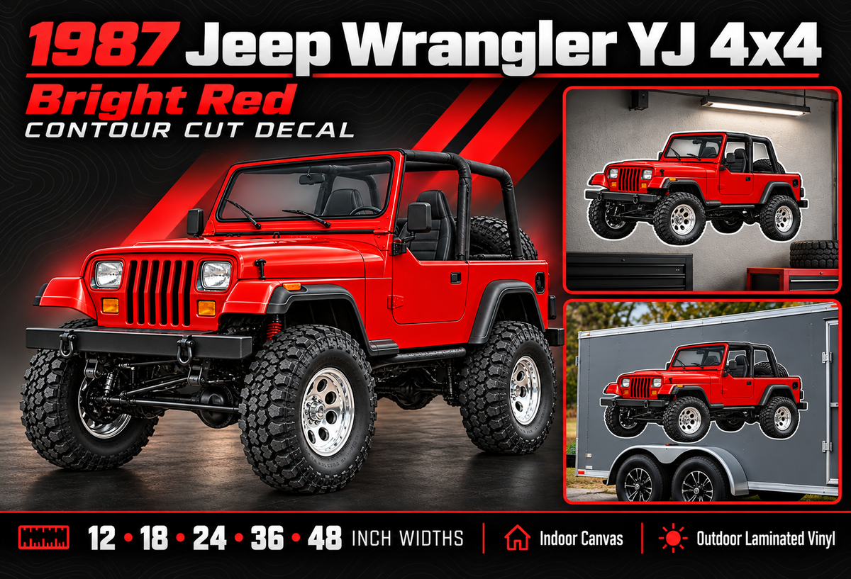 1987 Jeep Wrangler YJ Bright Red contour cut decal summary with sizes and garage and trailer previews