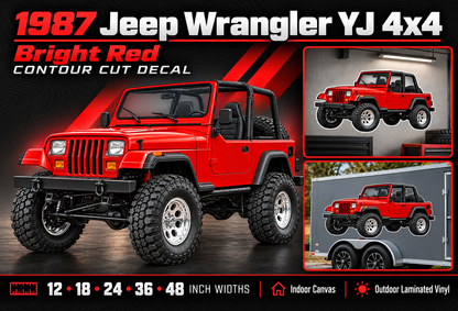 1987 Jeep Wrangler YJ Bright Red contour cut decal summary with sizes and garage and trailer previews