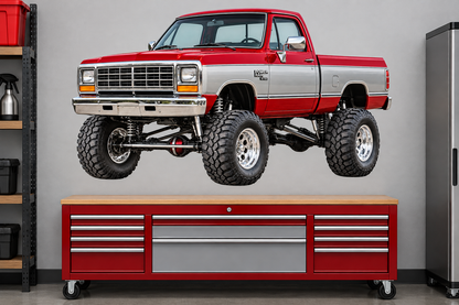 Crimson Red & Silver 1988 Dodge Power Ram garage wall decal preview