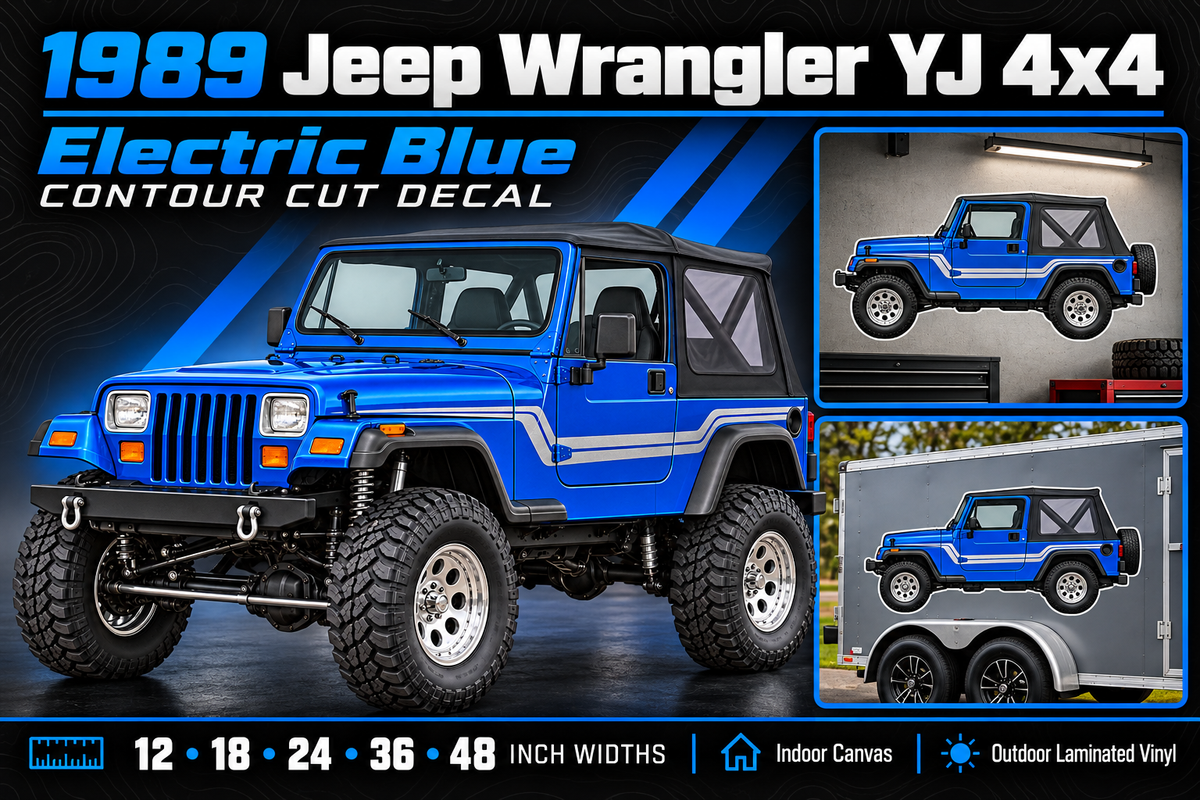 1989 Jeep Wrangler YJ Electric Blue contour cut decal summary with sizes and garage and trailer previews