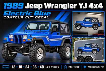 1989 Jeep Wrangler YJ Electric Blue contour cut decal summary with sizes and garage and trailer previews