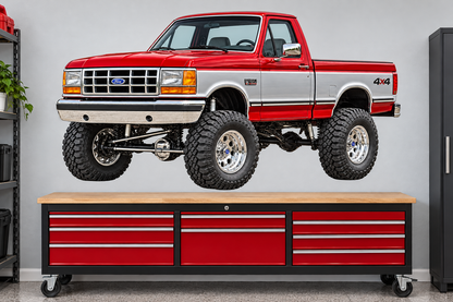 Crimson Red & Silver 1990 Ford F150 bricknose4x4 garage wall decal preview