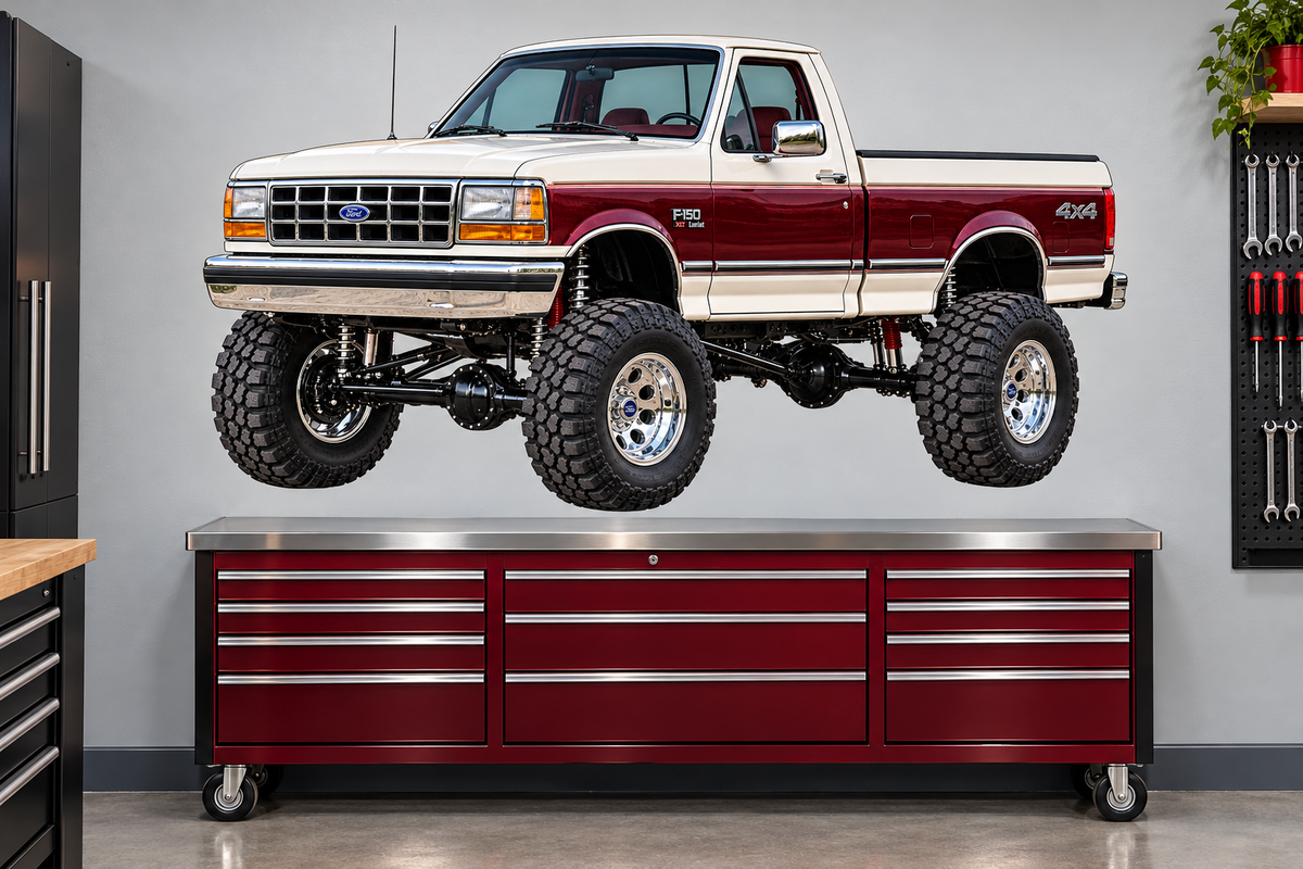 Pearl White & Burgundy 1990 Ford F150 bricknose4x4 garage wall decal preview