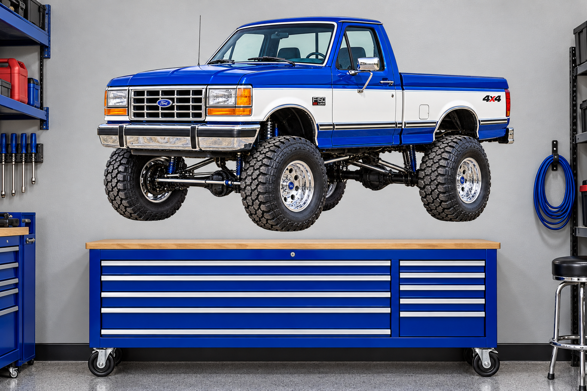 Royal Blue & White 1990 Ford F150 bricknose4x4 garage wall decal preview
