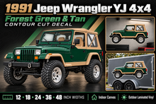 1991 Jeep Wrangler YJ Forest Green and Tan contour cut decal summary with sizes and garage and trailer previews