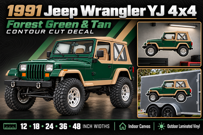 1991 Jeep Wrangler YJ Forest Green and Tan contour cut decal summary with sizes and garage and trailer previews