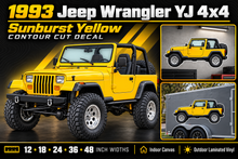 1993 Jeep Wrangler YJ Sunburst Yellow contour cut decal summary with sizes and garage and trailer previews