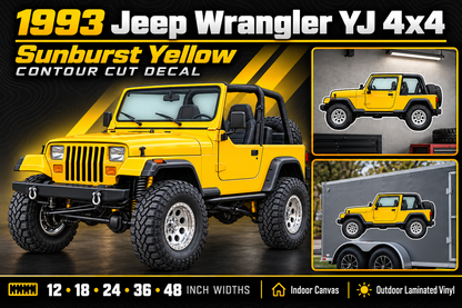 1993 Jeep Wrangler YJ Sunburst Yellow contour cut decal summary with sizes and garage and trailer previews