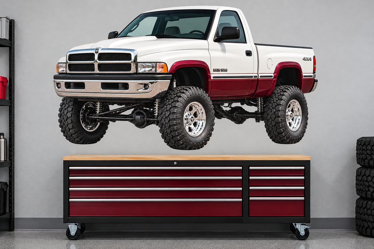 Pearl White & Burgundy 1994 Dodge Ram1500 4x4 garage wall decal preview