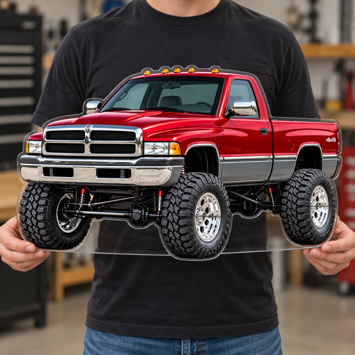 1994 Dodge Ram 1500 Ruby Red & Charcoal acrylic wall sign held for scale
