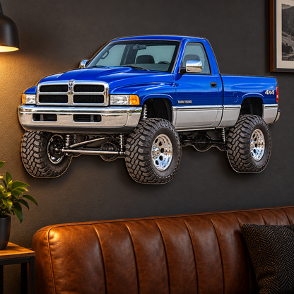 1994 Dodge Ram 1500 Cobalt Blue & Silver acrylic sign in automotive lounge