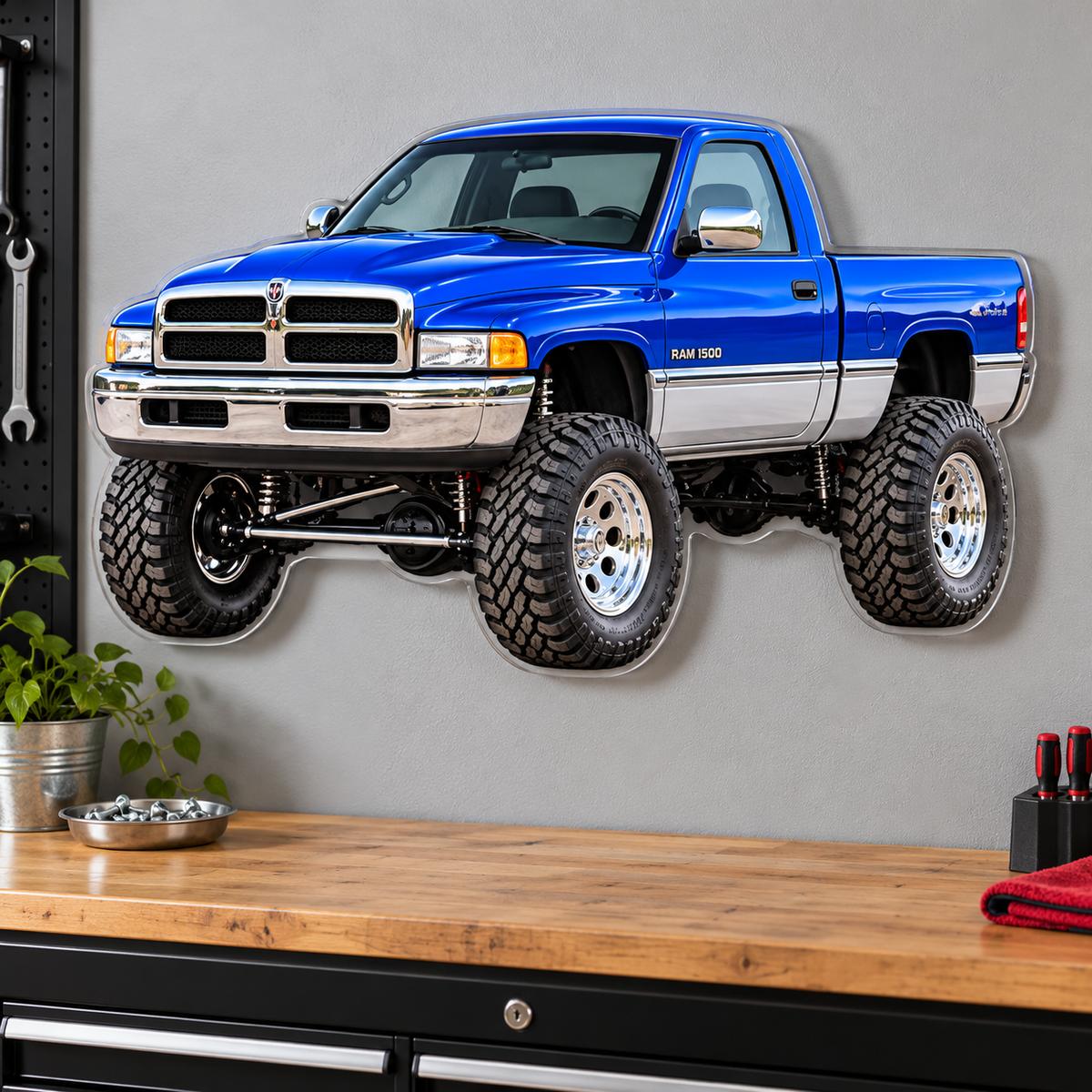 1994 Dodge Ram 1500 Cobalt Blue & Silver contour cut acrylic sign garage wall mockup