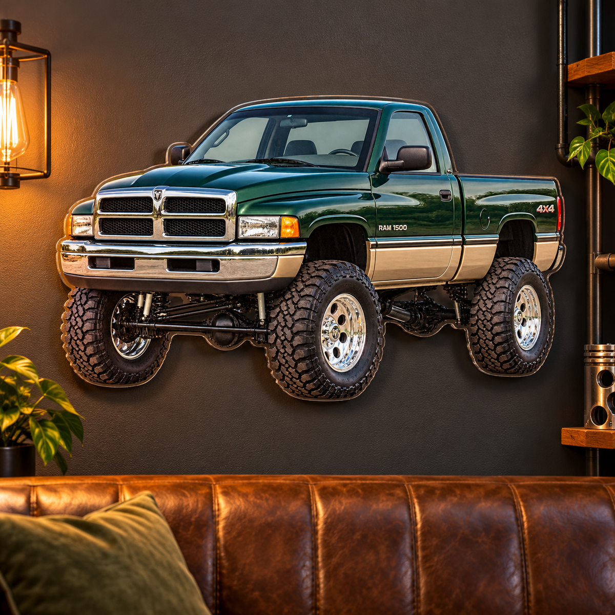 1994 Dodge Ram 1500 Emerald Green & Champagne acrylic sign in automotive lounge