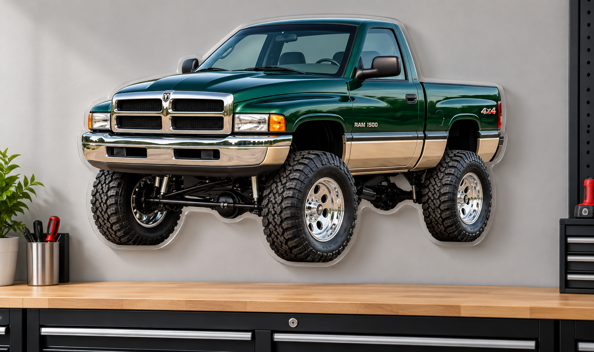 1994 Dodge Ram 1500 Emerald Green & Champagne contour cut acrylic sign garage wall mockup