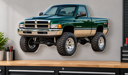 1994 Dodge Ram 1500 Emerald Green & Champagne contour cut acrylic sign garage wall mockup