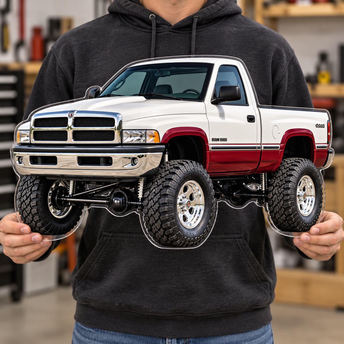 1994 Dodge Ram 1500 Pearl White & Burgundy acrylic wall sign held for scale