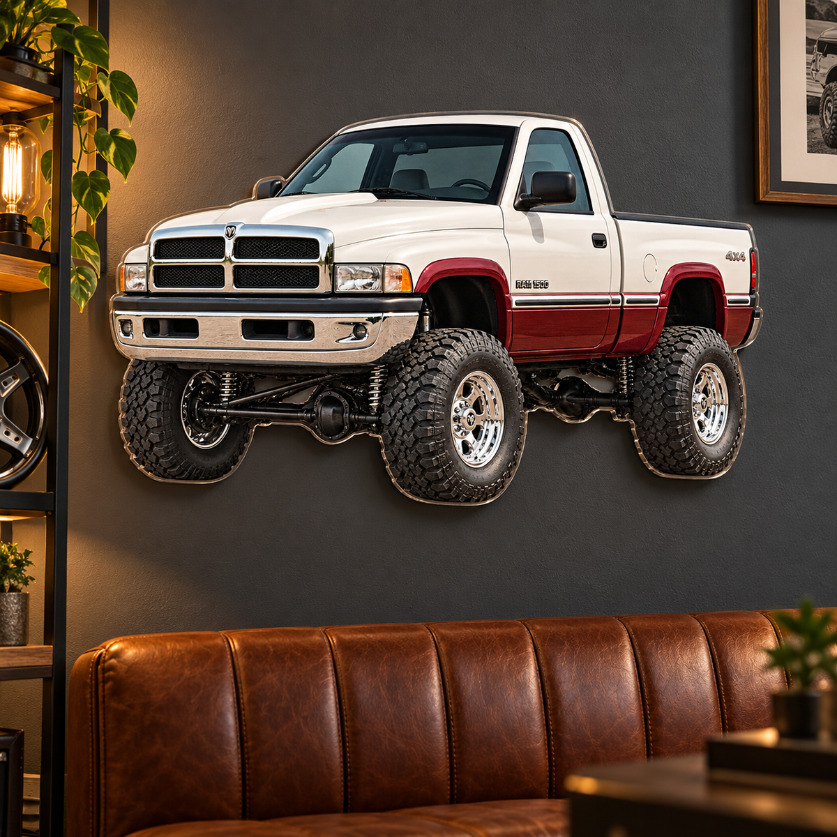 1994 Dodge Ram 1500 Pearl White & Burgundy acrylic sign in automotive lounge