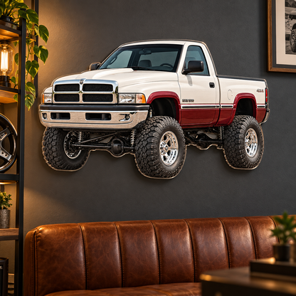 1994 Dodge Ram 1500 Pearl White & Burgundy acrylic sign in automotive lounge