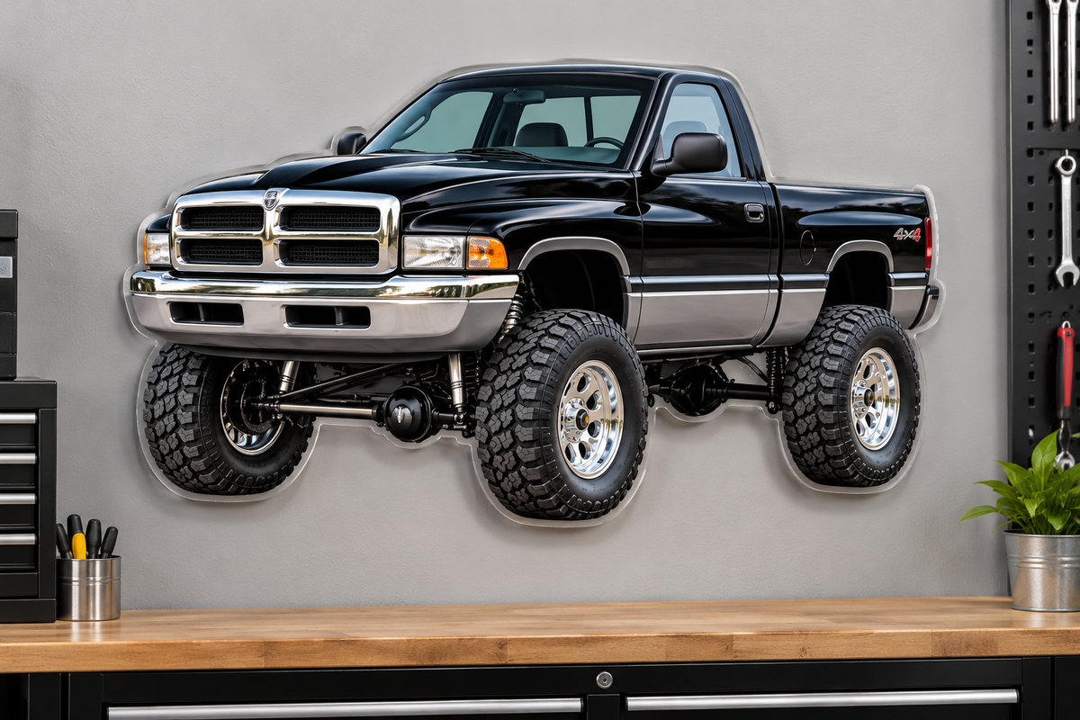 1994 Dodge Ram 1500 Jet Black & Graphite contour cut acrylic sign garage wall mockup