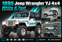 1995 Jeep Wrangler YJ White and Teal contour cut decal summary with sizes and garage and trailer previews