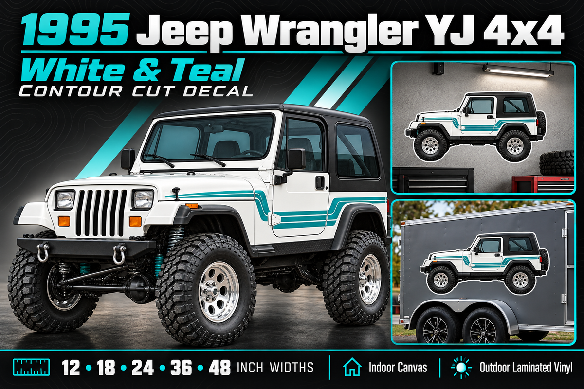 1995 Jeep Wrangler YJ White and Teal contour cut decal summary with sizes and garage and trailer previews