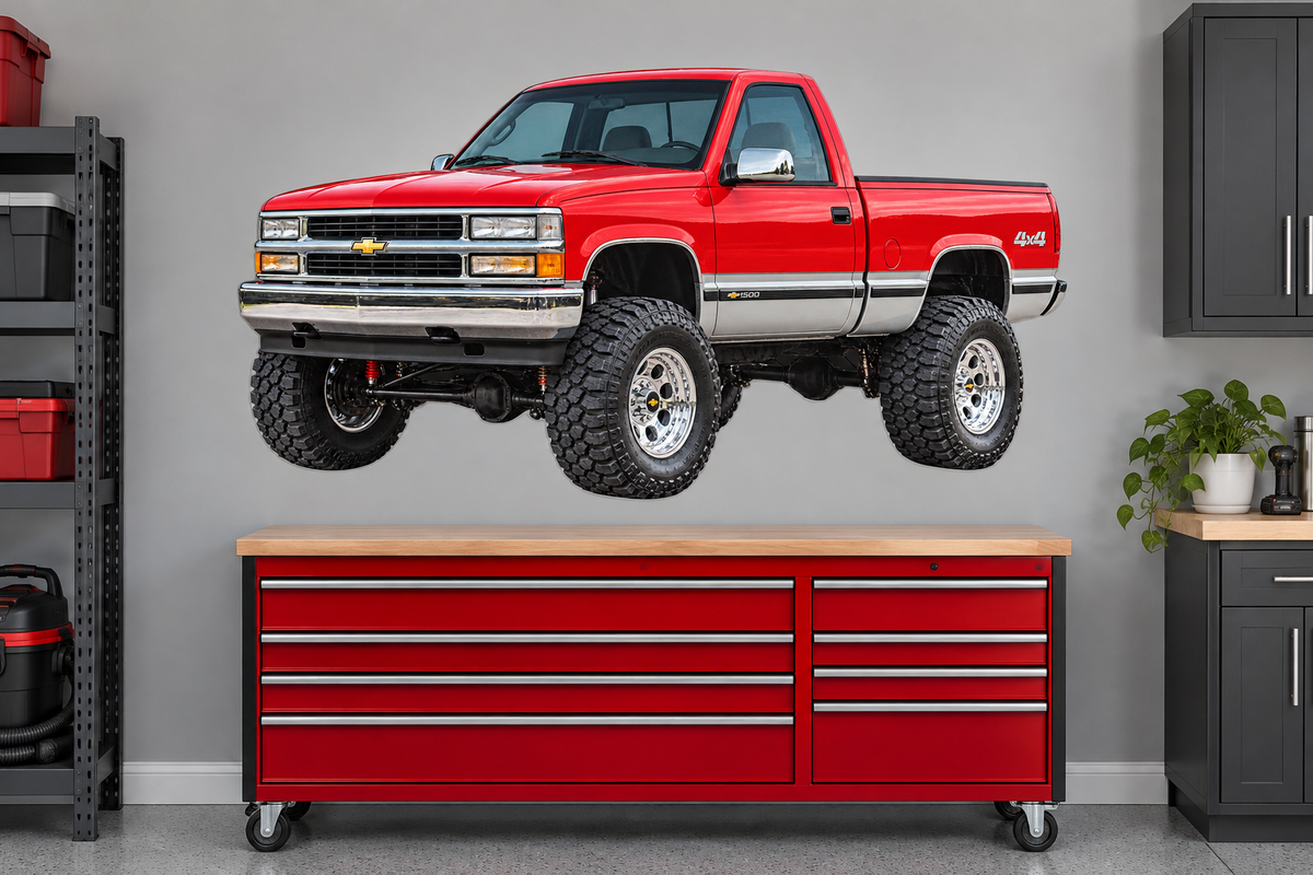 Victory Red & Silver 1996 Chevy K1500 OBS4x4 garage wall decal preview