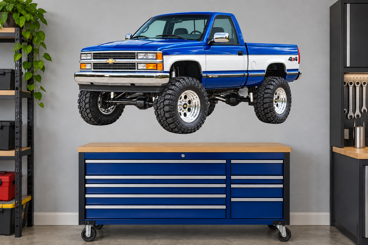Cobalt Blue & White 1996 Chevy K1500 OBS4x4 garage wall decal preview